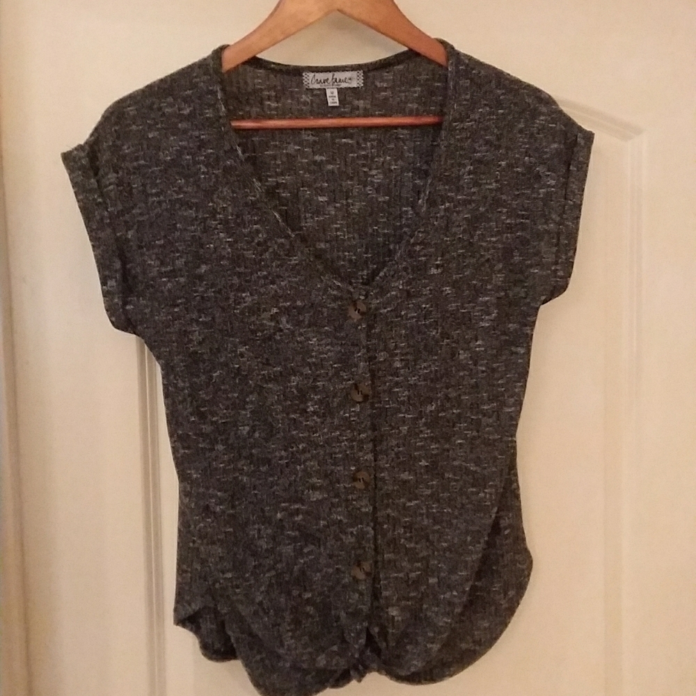 Tie bottom button up v neck sweater